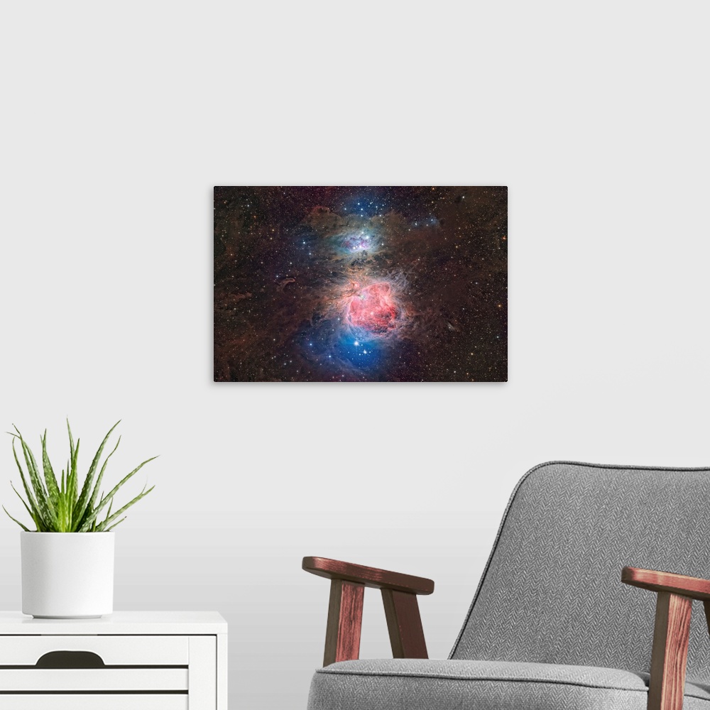 A modern room featuring Running Man Nebula Messier 43, And Orion Nebula, Messier 42