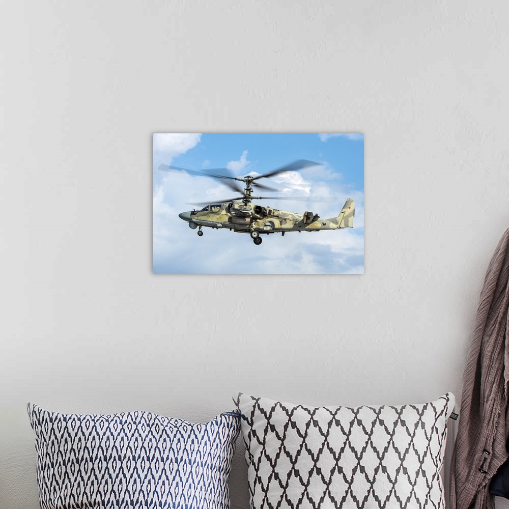 A bohemian room featuring Russian Aerospace Forces Ka-52 attack helicopter in flight, Russia.