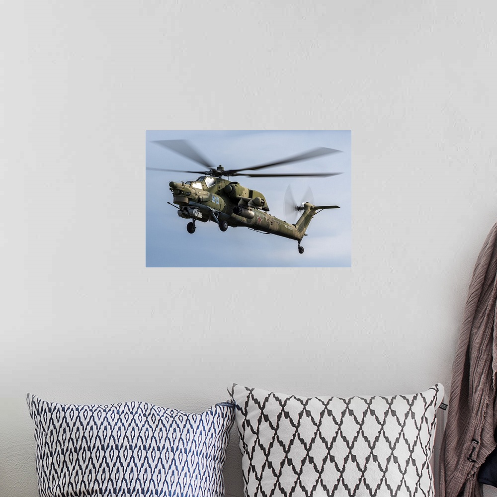 A bohemian room featuring Russian Aerospace Forces Mi-28N helicopter in flight, Ryazan, Russia.