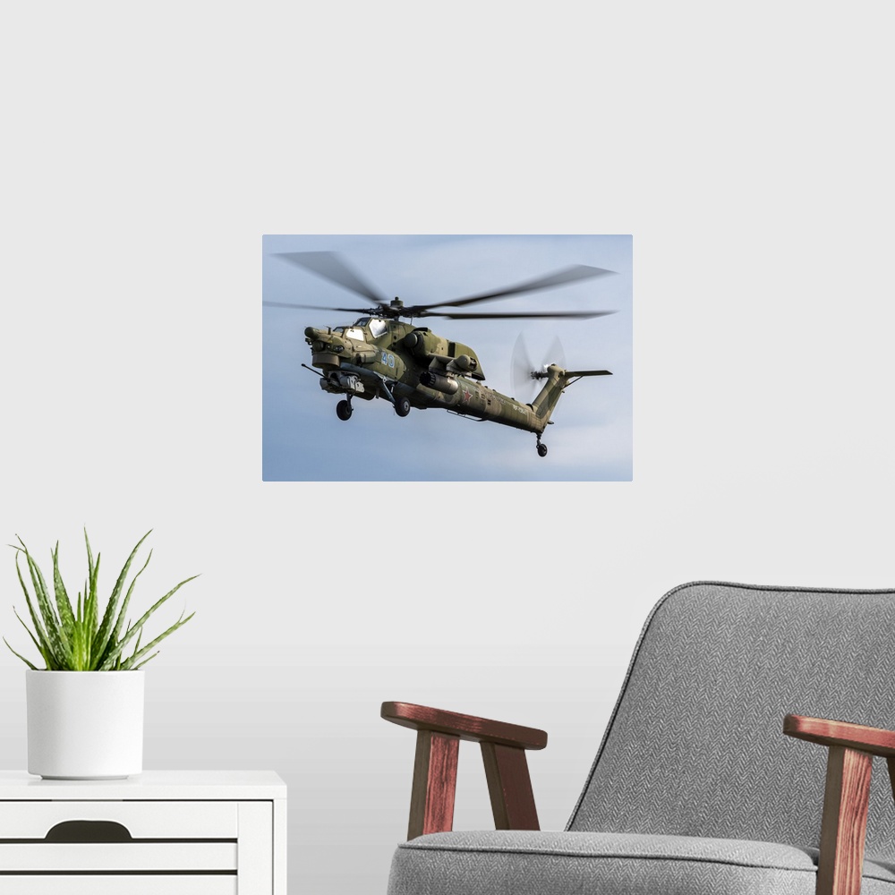 A modern room featuring Russian Aerospace Forces Mi-28N helicopter in flight, Ryazan, Russia.