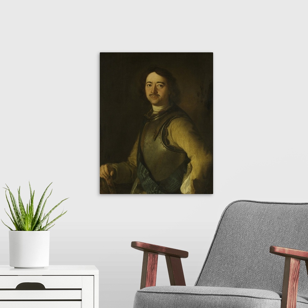 A modern room featuring Russian history painting of Tsar Peter the Great.