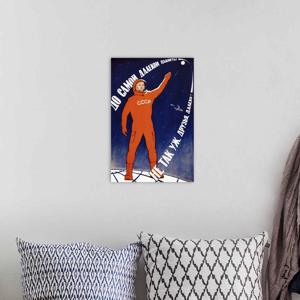 A bohemian room featuring Russian propaganda poster of a cosmonaut pointing to the sky.