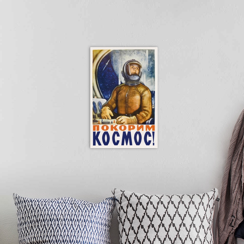 A bohemian room featuring Russian space propaganda poster of a cosmonaut in a space capsule.