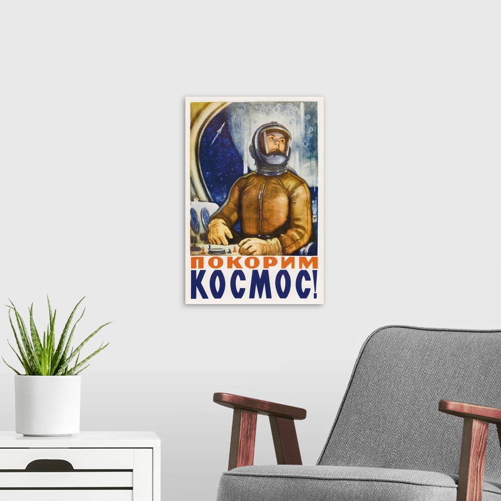 A modern room featuring Russian space propaganda poster of a cosmonaut in a space capsule.