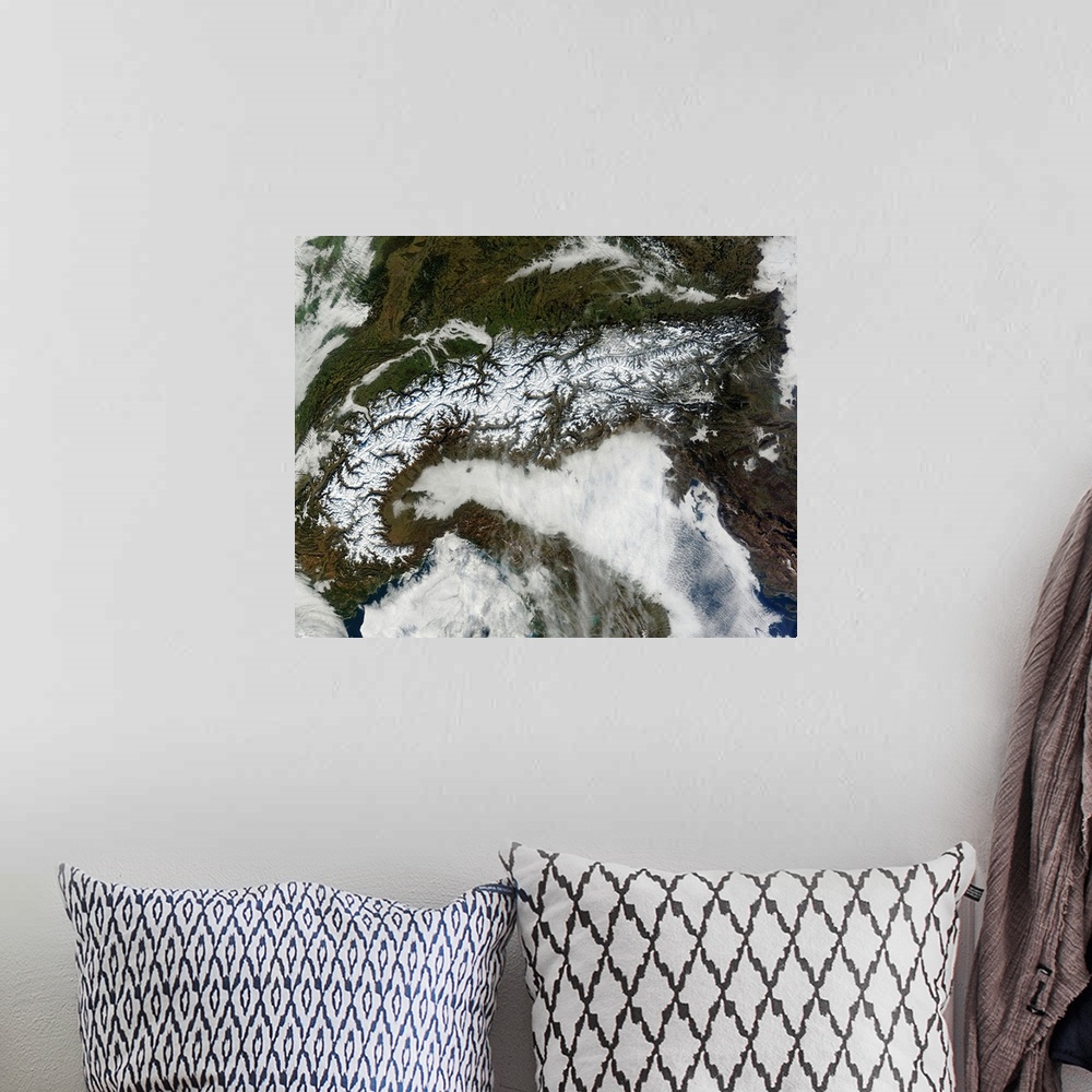 A bohemian room featuring January 17, 2011 - Satellite image of The Alps mountain range.