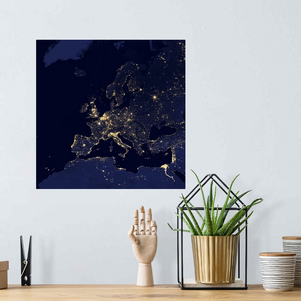 A bohemian room featuring Satellite view of city lights in several major European and Nordic cities, including Stockholm Sw...