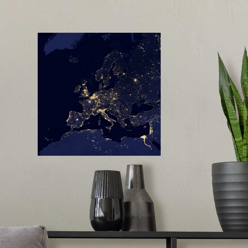 A modern room featuring Satellite view of city lights in several major European and Nordic cities, including Stockholm Sw...