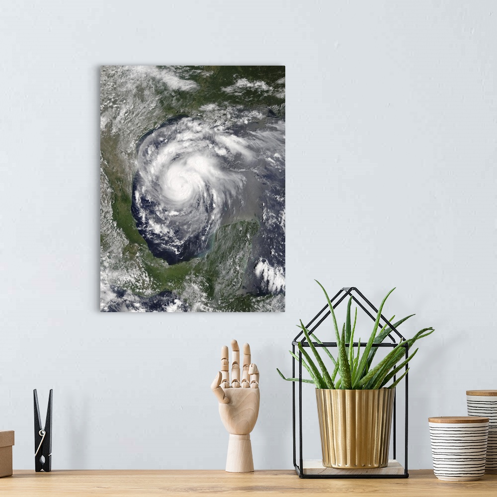 A bohemian room featuring Satellite view of Hurricane Harvey in the Gulf of Mexico.