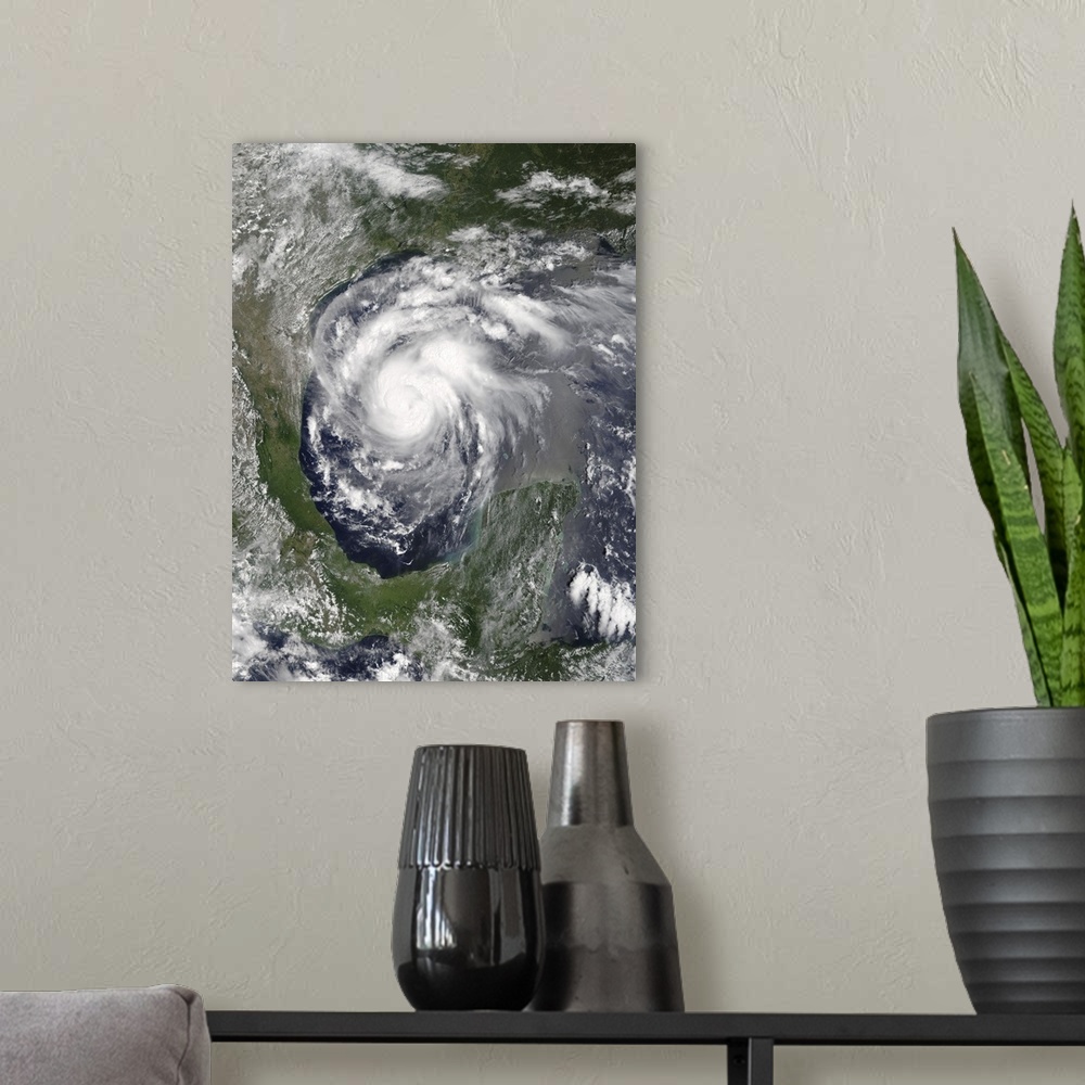 A modern room featuring Satellite view of Hurricane Harvey in the Gulf of Mexico.