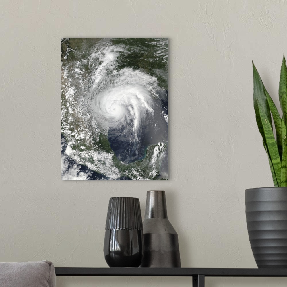 A modern room featuring Satellite view of Hurricane Harvey over Texas.