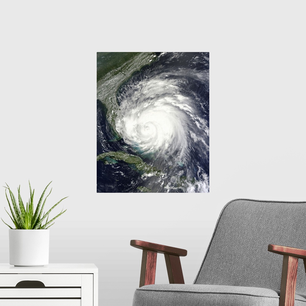 A modern room featuring August 25, 2011 - Satellite view of Hurricane Irene over the Bahamas.