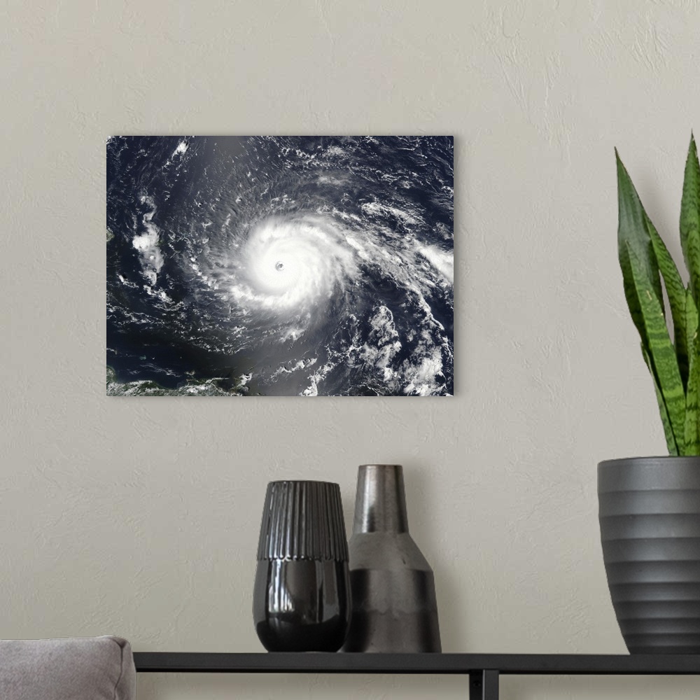 A modern room featuring Satellite view of Hurricane Irma approaching the Leeward Islands.