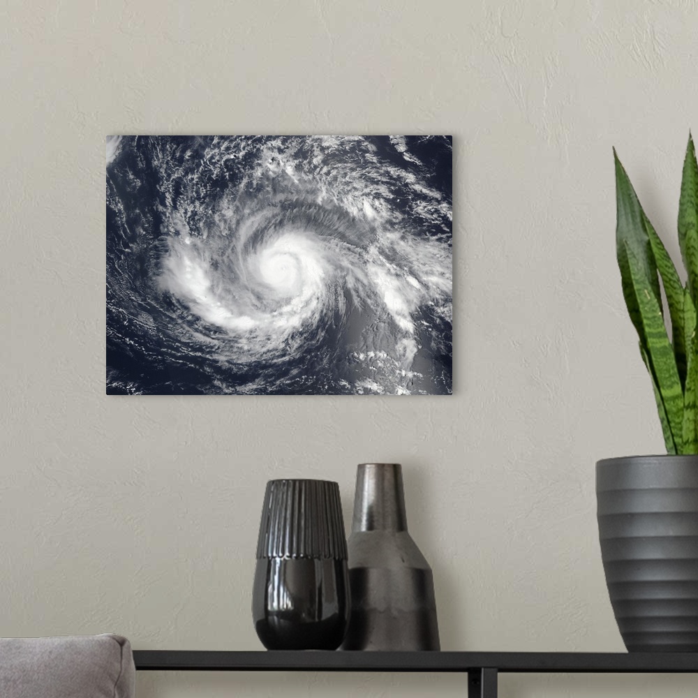 A modern room featuring Satellite view of Hurricane Irma in the Atlantic Ocean.