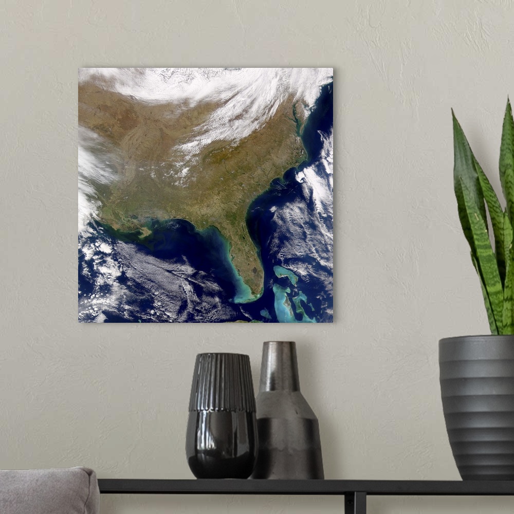 A modern room featuring Satellite view of the southeastern United States. Smoke plumes are visible amongst the cloud-free...
