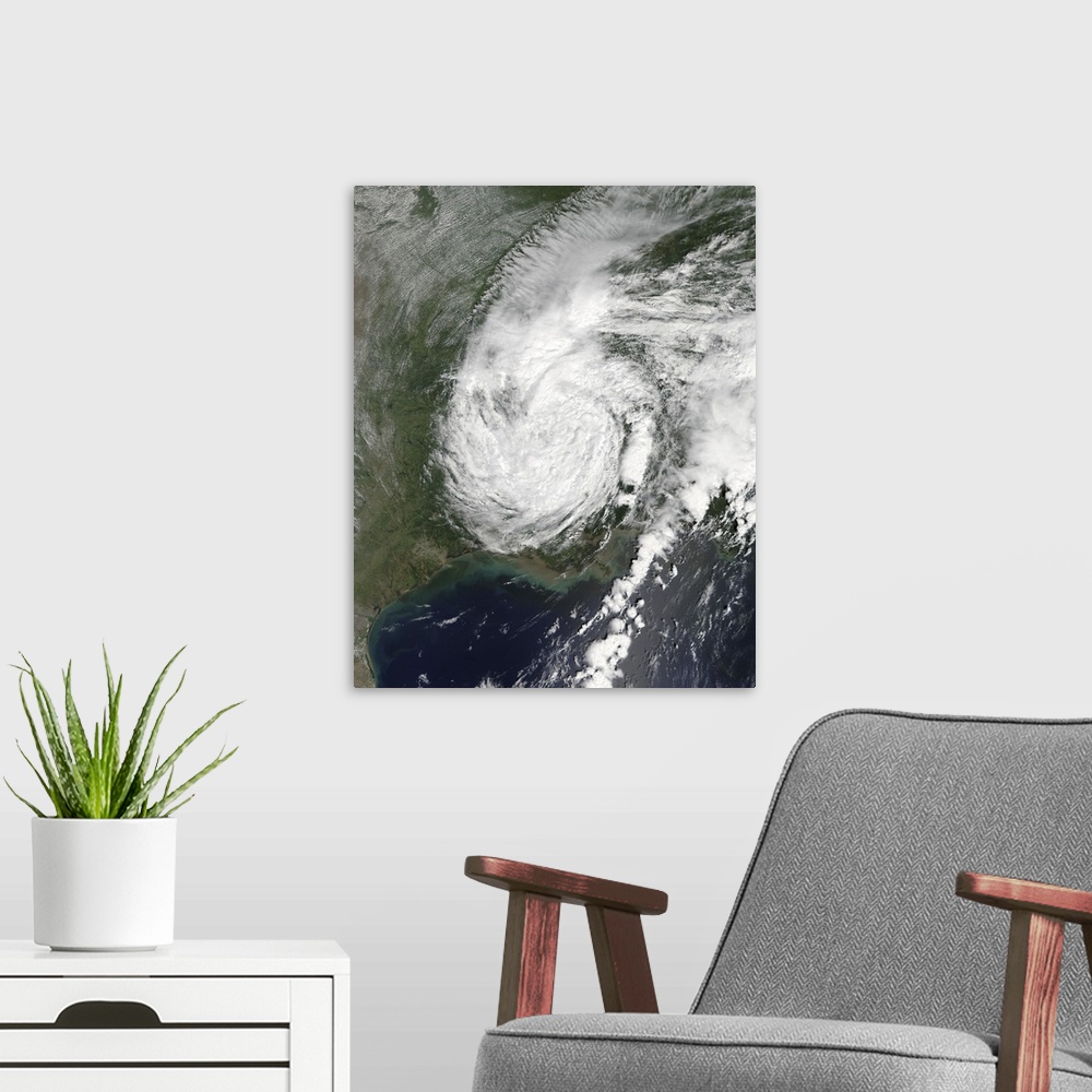 A modern room featuring Satellite view of Tropical Depression Harvey over southcentral United States.