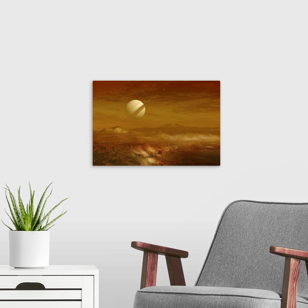 A modern room featuring Saturn is seen here in the background from the enigmatic moon Titan, which is the second largest ...
