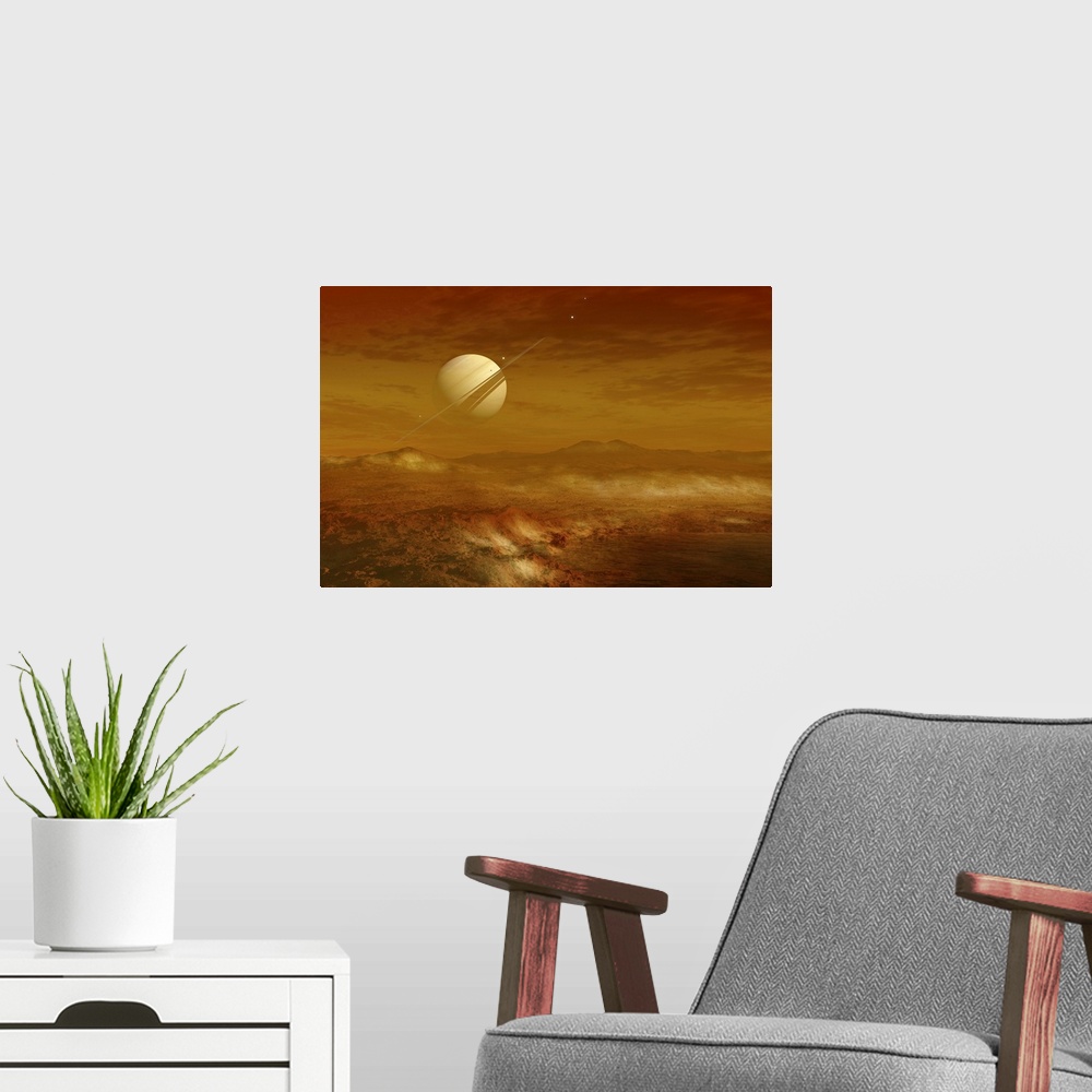 A modern room featuring Saturn is seen here in the background from the enigmatic moon Titan, which is the second largest ...