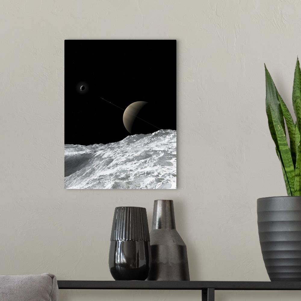 A modern room featuring Saturn and Enceladus as seen from the moon Tethys. Enceladus is ejecting water from its' south po...