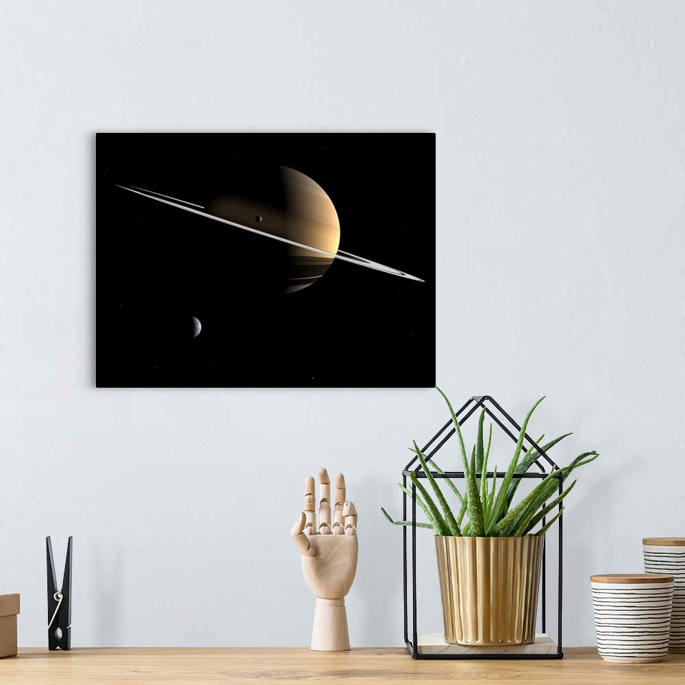 A bohemian room featuring Artist's concept of Saturn and its moons Dione and Tethys.