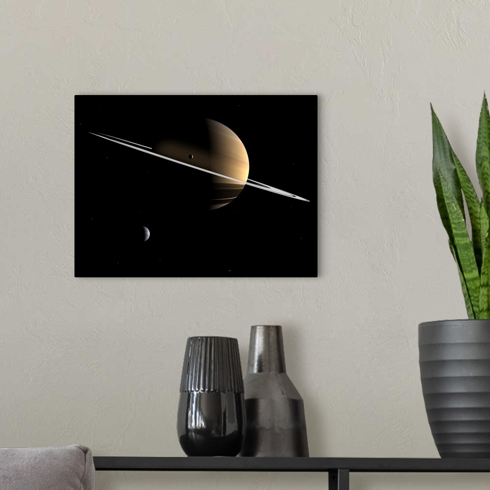 A modern room featuring Artist's concept of Saturn and its moons Dione and Tethys.