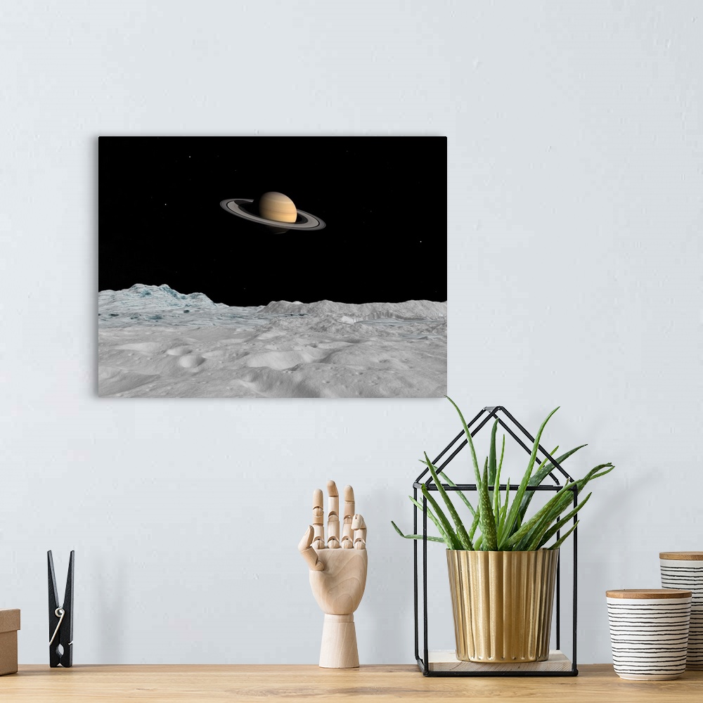 A bohemian room featuring Artist's concept of Saturn as seen from the surface of its moon Iapetus.