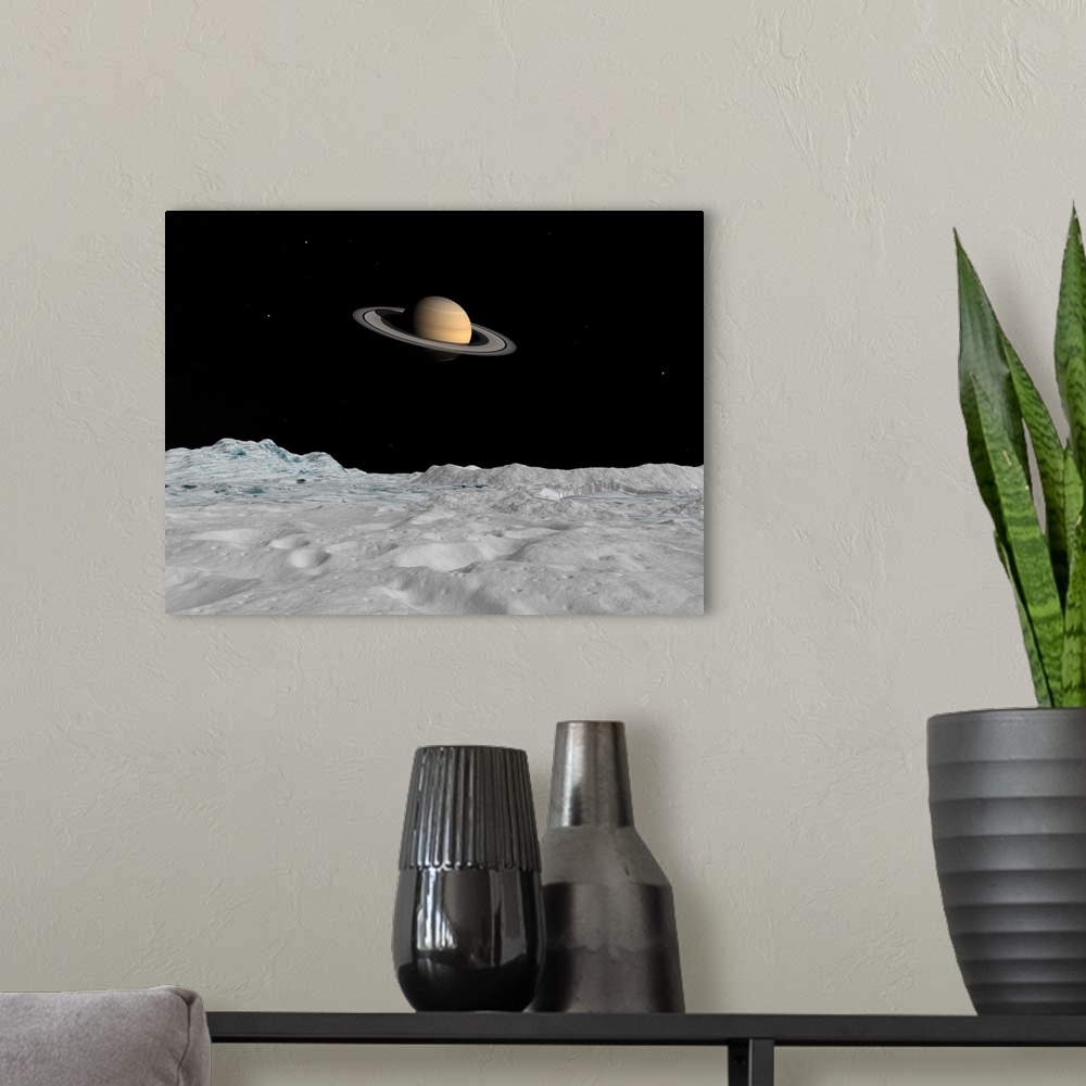 A modern room featuring Artist's concept of Saturn as seen from the surface of its moon Iapetus.