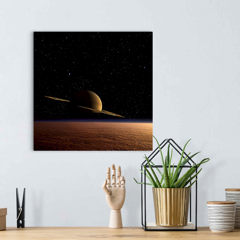 A bohemian room featuring Saturn floats in the background above Titan