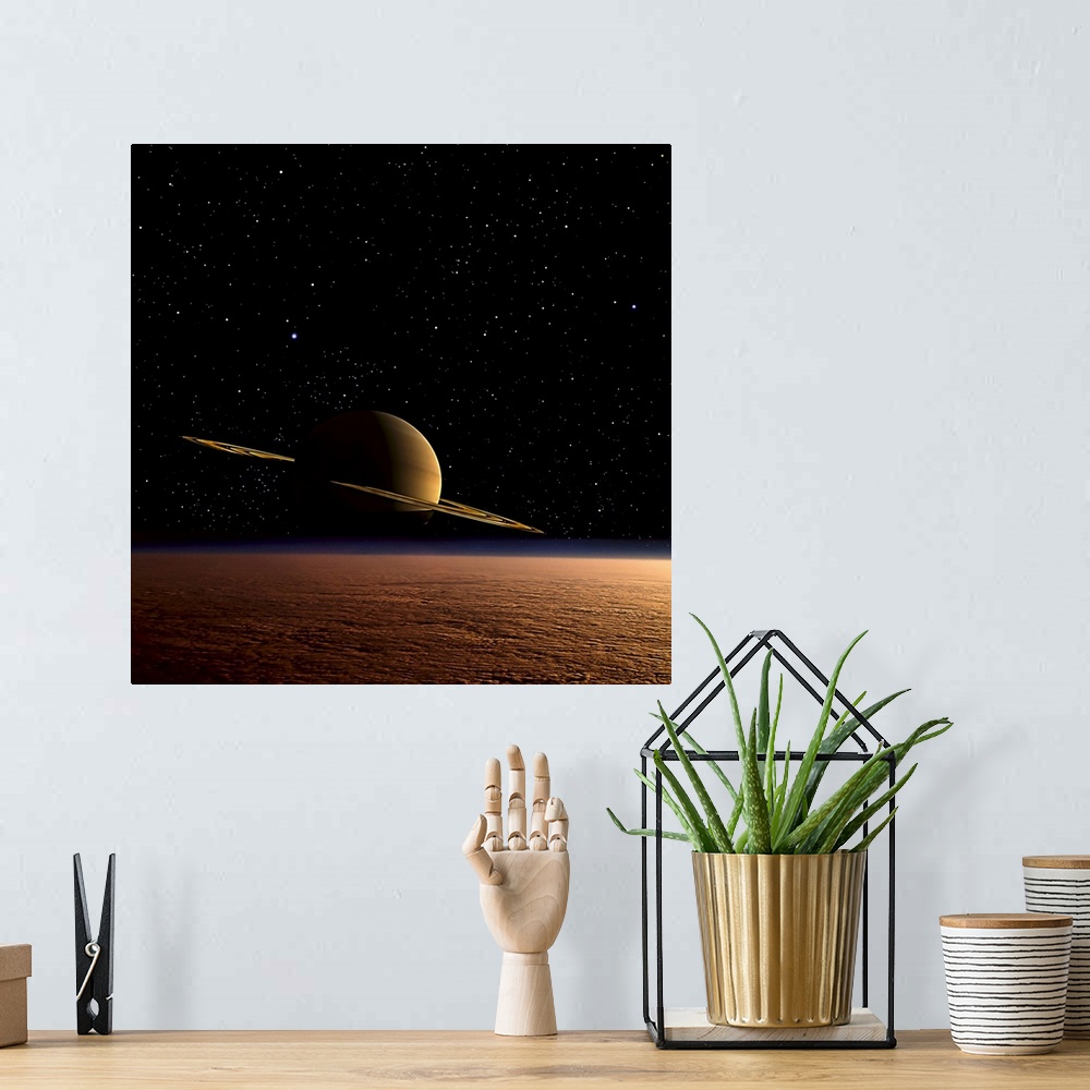 A bohemian room featuring Saturn floats in the background above Titan