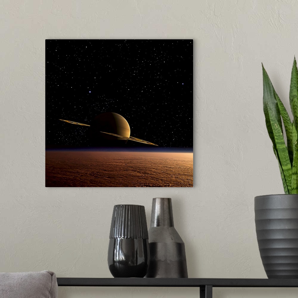 A modern room featuring Saturn floats in the background above Titan