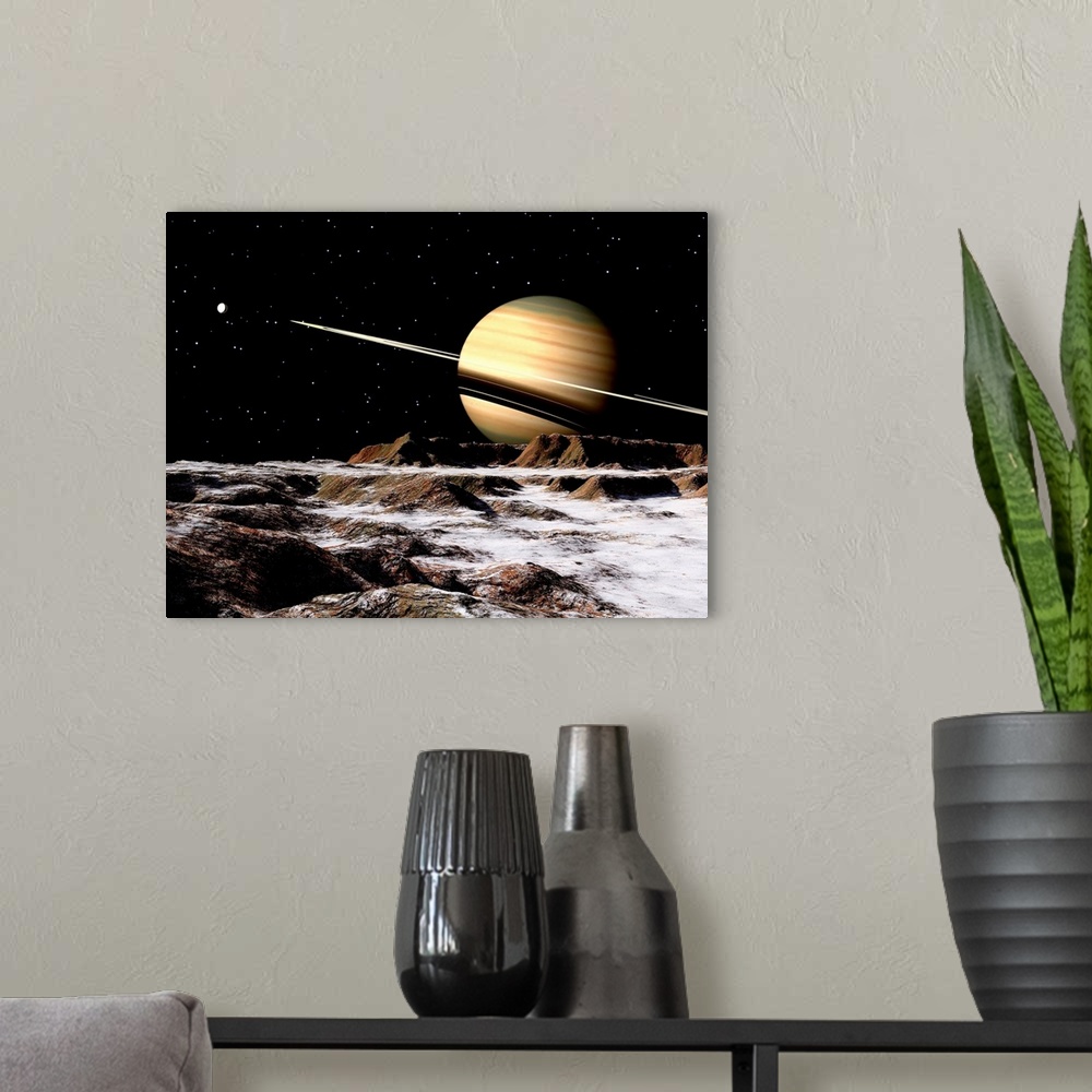 A modern room featuring Saturn seen from the surface of its moon, Rhea. It is the largest of Saturn's airless satellites....