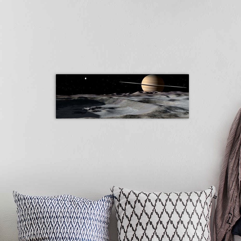 A bohemian room featuring Saturn seen from the surface of its moon, Rhea. It is the largest of Saturn's airless satellites....