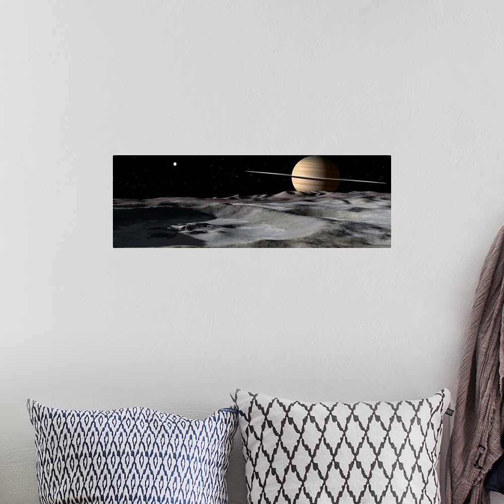 A bohemian room featuring Saturn seen from the surface of its moon, Rhea. It is the largest of Saturn's airless satellites....