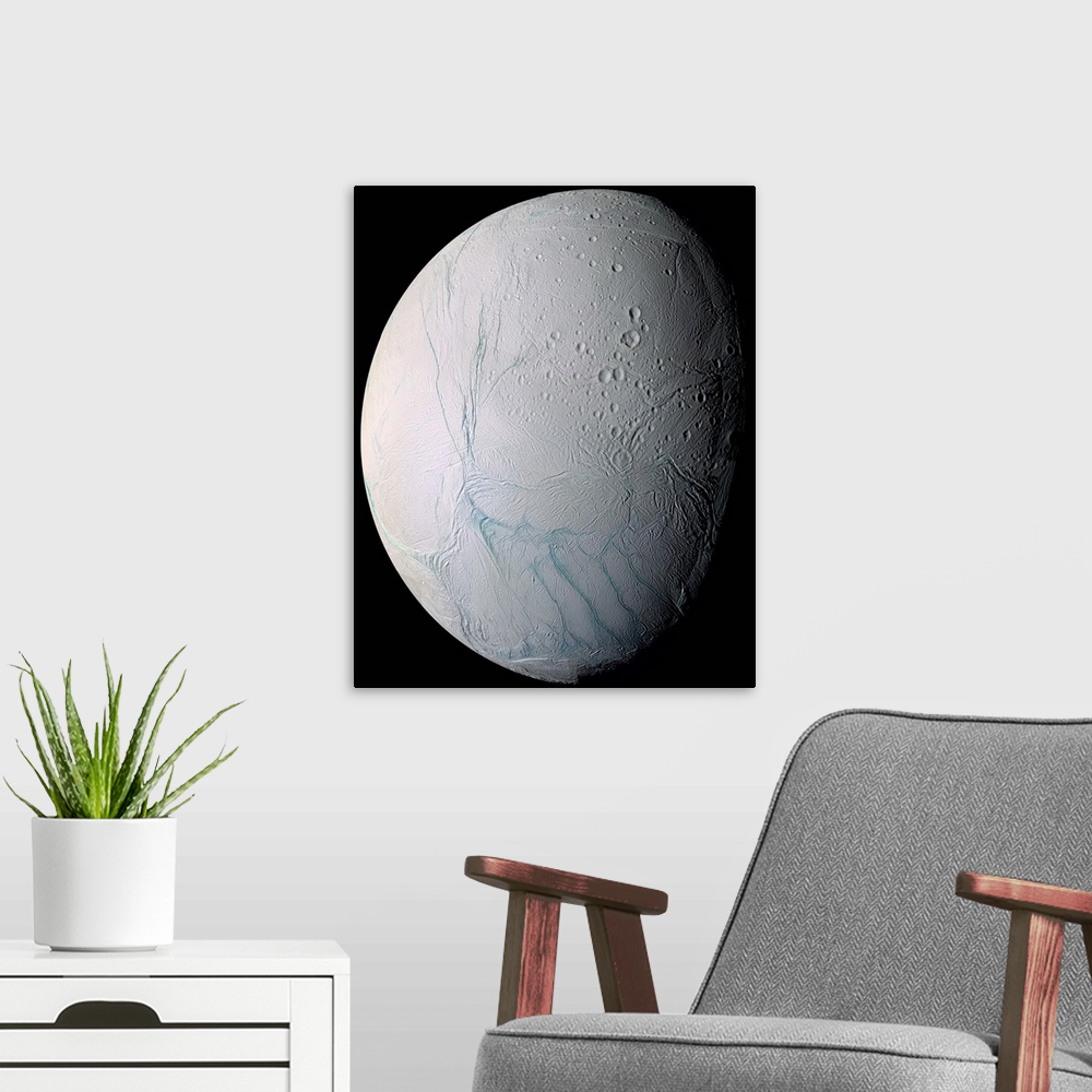 A modern room featuring Saturns moon Enceladus