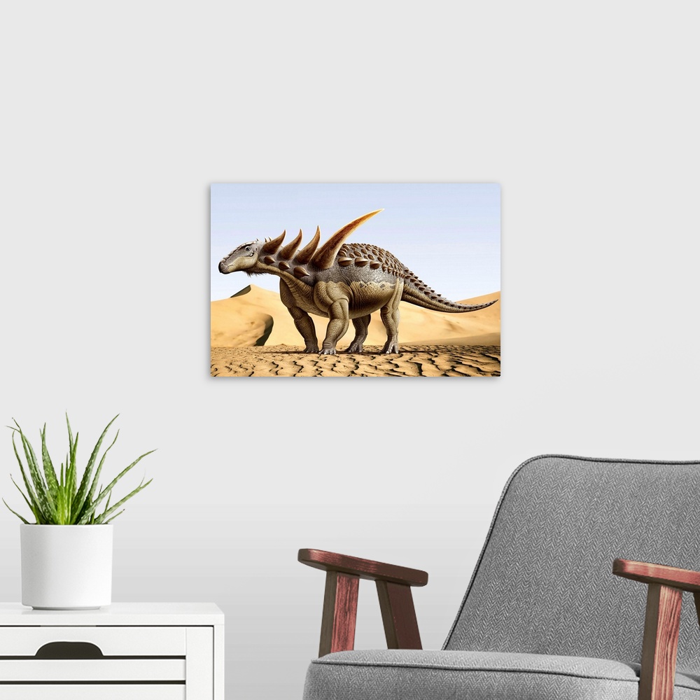 A modern room featuring Sauropelta, a nodosaurid dinosaur that existed in the Early Cretaceous Period.
