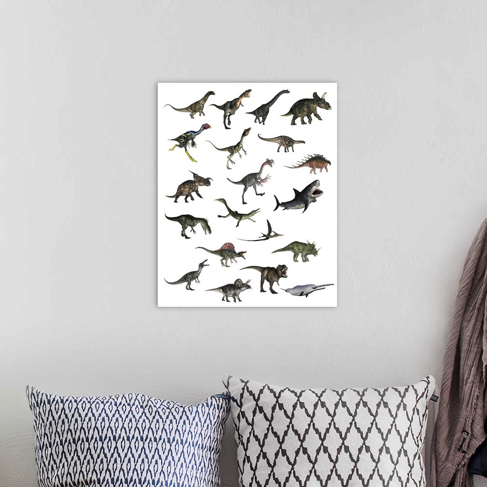A bohemian room featuring Set of dinosaurs on a white background.