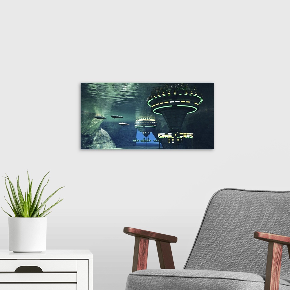 A modern room featuring Several spaceships leave an underwater alien city.