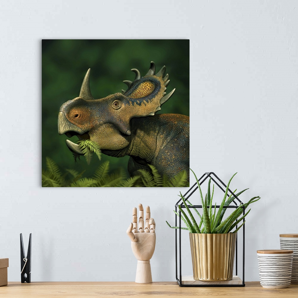 A bohemian room featuring Sinoceratops dinosaur grazing on leaves.