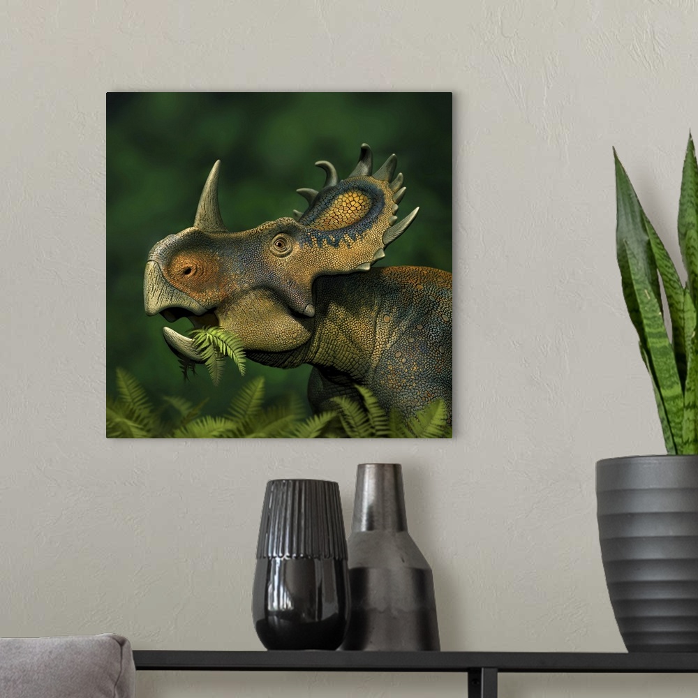 A modern room featuring Sinoceratops dinosaur grazing on leaves.