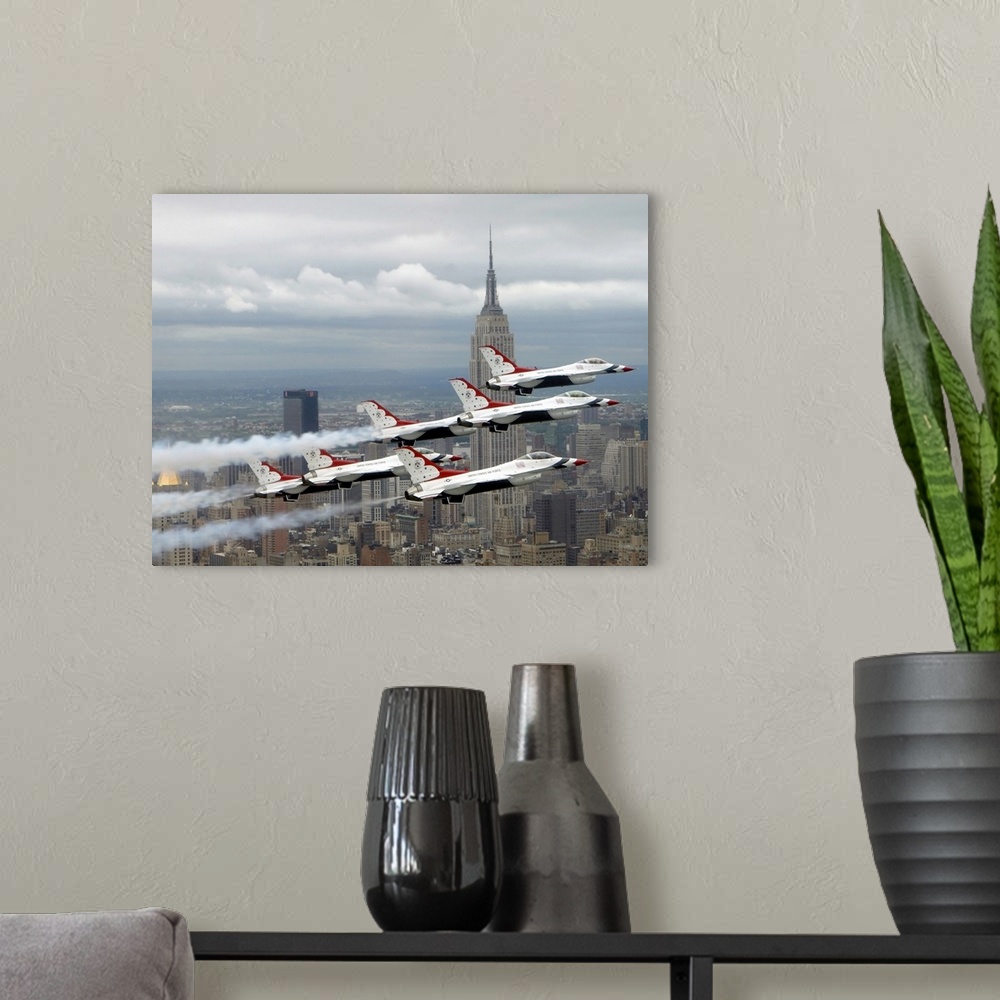 A modern room featuring Photo of six US Air Force Thunderbirds flying in V formation high above New York City with the Em...