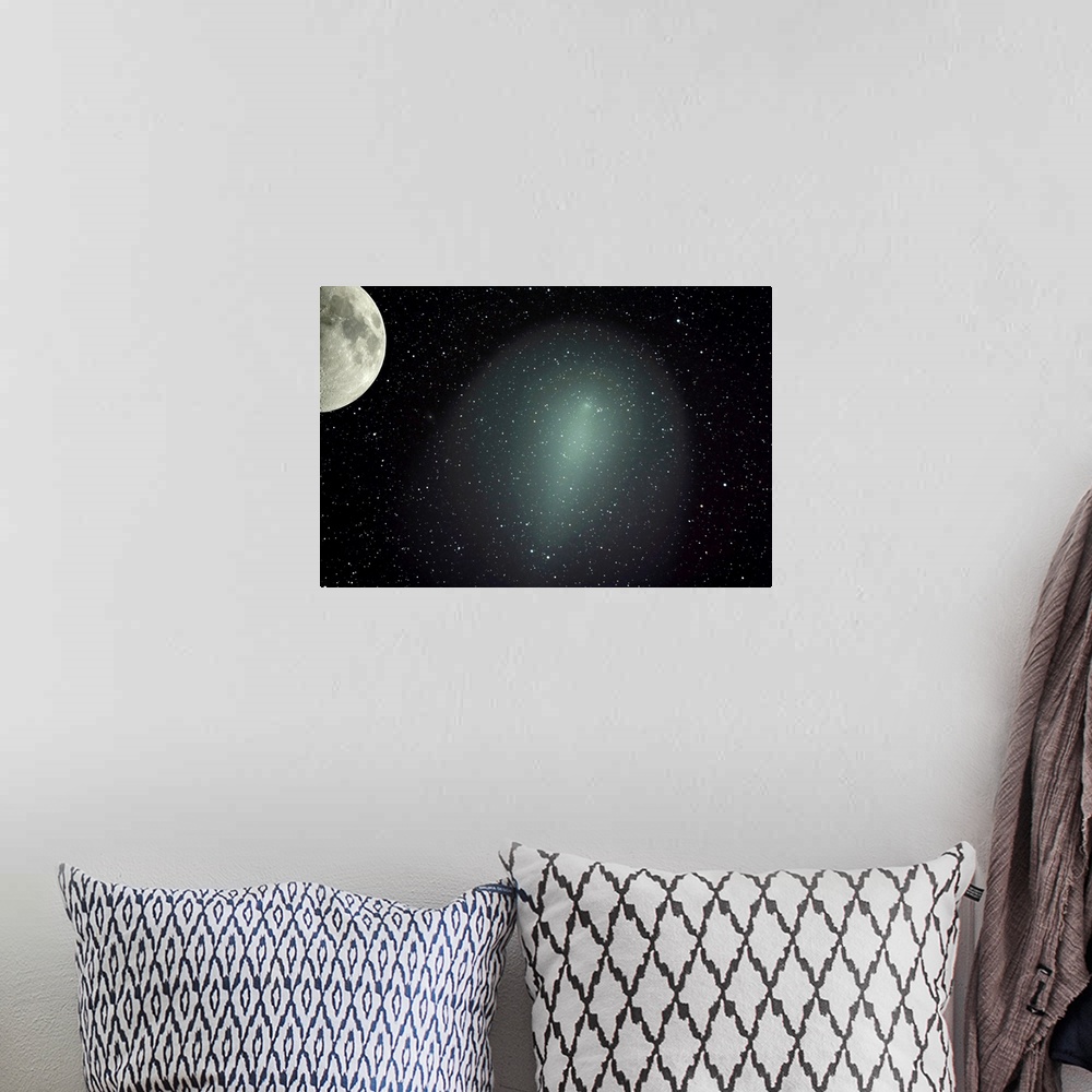 A bohemian room featuring Size of Comet Holmes in comparison with the moon.