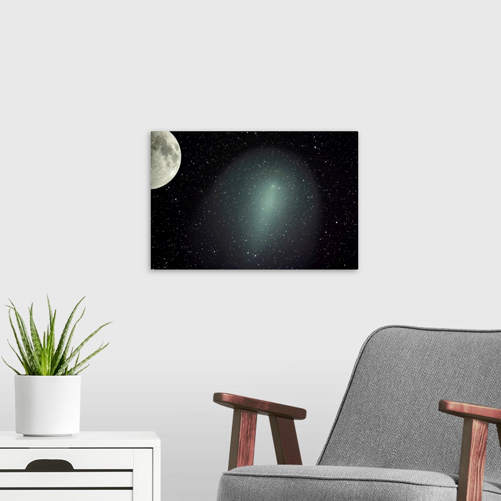 A modern room featuring Size of Comet Holmes in comparison with the moon.