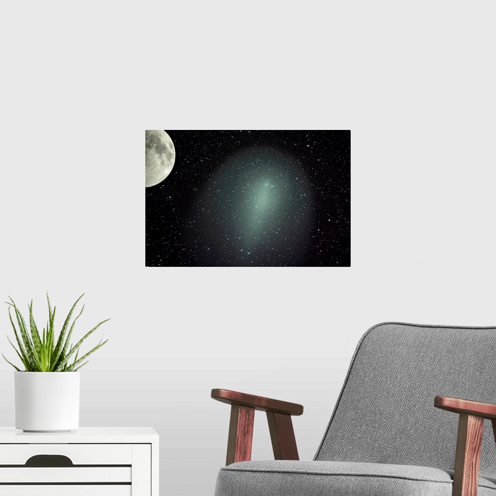 A modern room featuring Size of Comet Holmes in comparison with the moon.