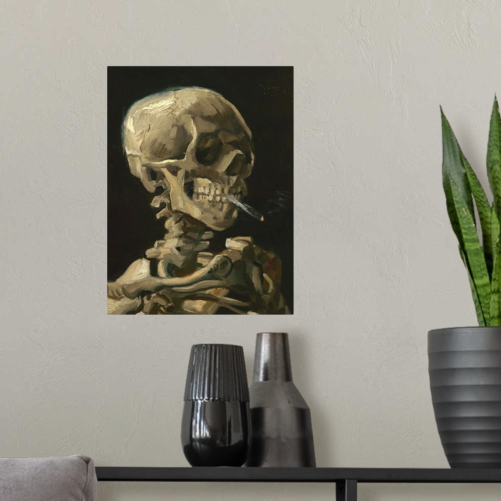 A modern room featuring Skull of a Skeleton with Burning Cigarette painting by Vincent van Gogh, 1886.