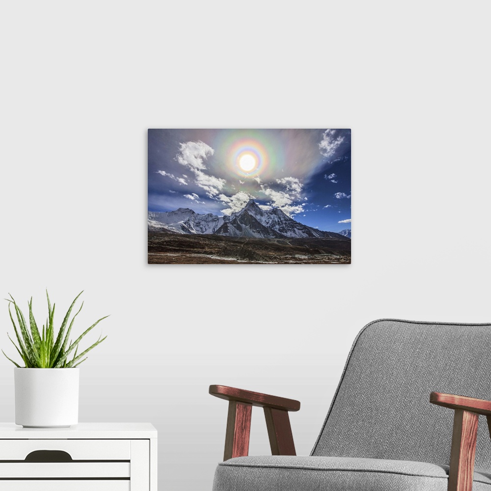 A modern room featuring Colorful solar corona over the Himalayas. In the foreground is the famous Himalayan mountain peak...