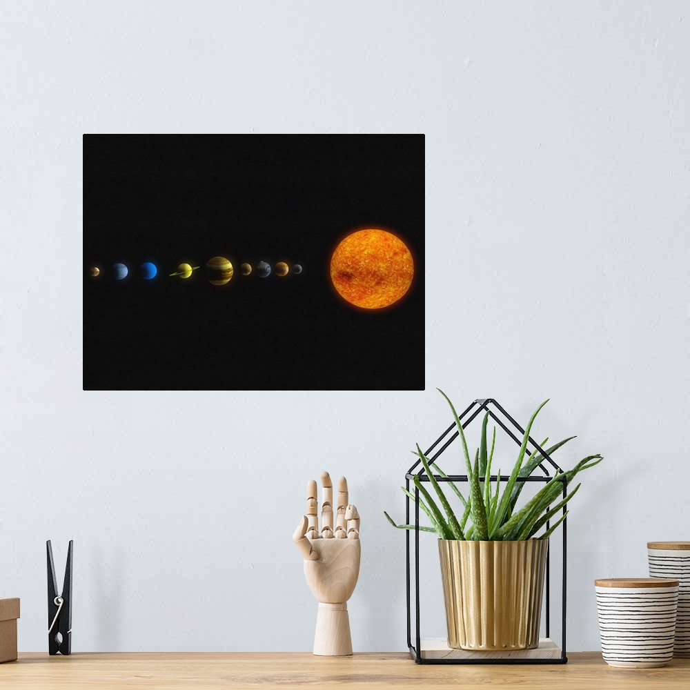 A bohemian room featuring Large photo on canvas of the planets in a line to the left of the sun.