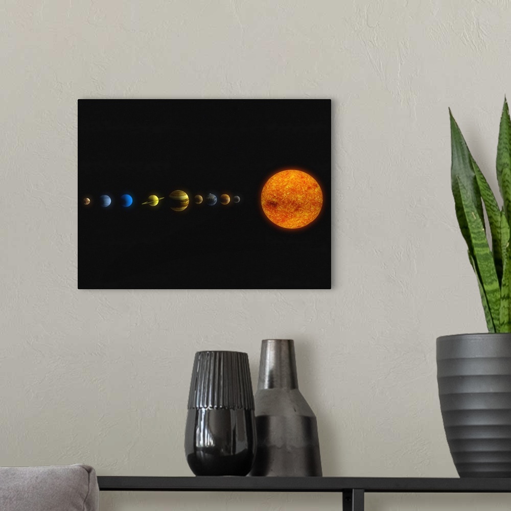A modern room featuring Large photo on canvas of the planets in a line to the left of the sun.