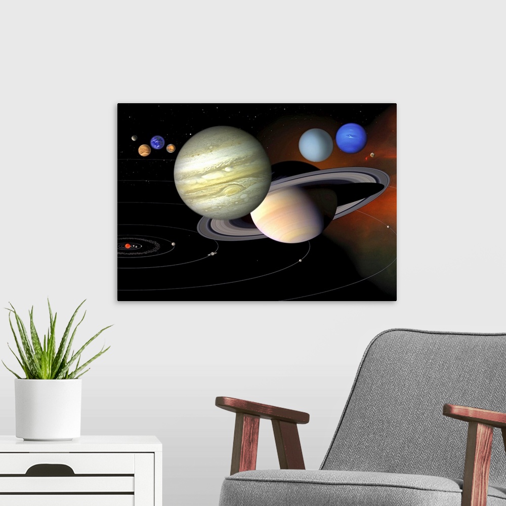 A modern room featuring The planets are shown in the correct order of distance from the Sun, the correct relative sizes, ...