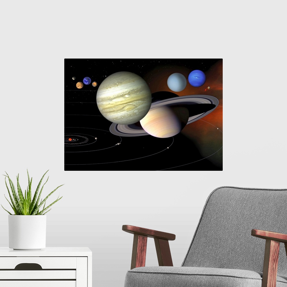 A modern room featuring The planets are shown in the correct order of distance from the Sun, the correct relative sizes, ...