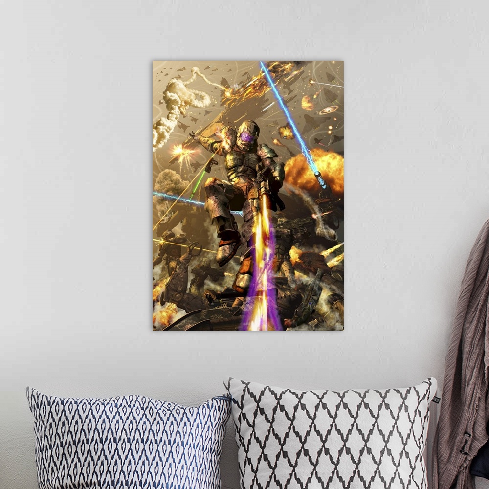 A bohemian room featuring Space marine fighting a chaotic battle on Mars.