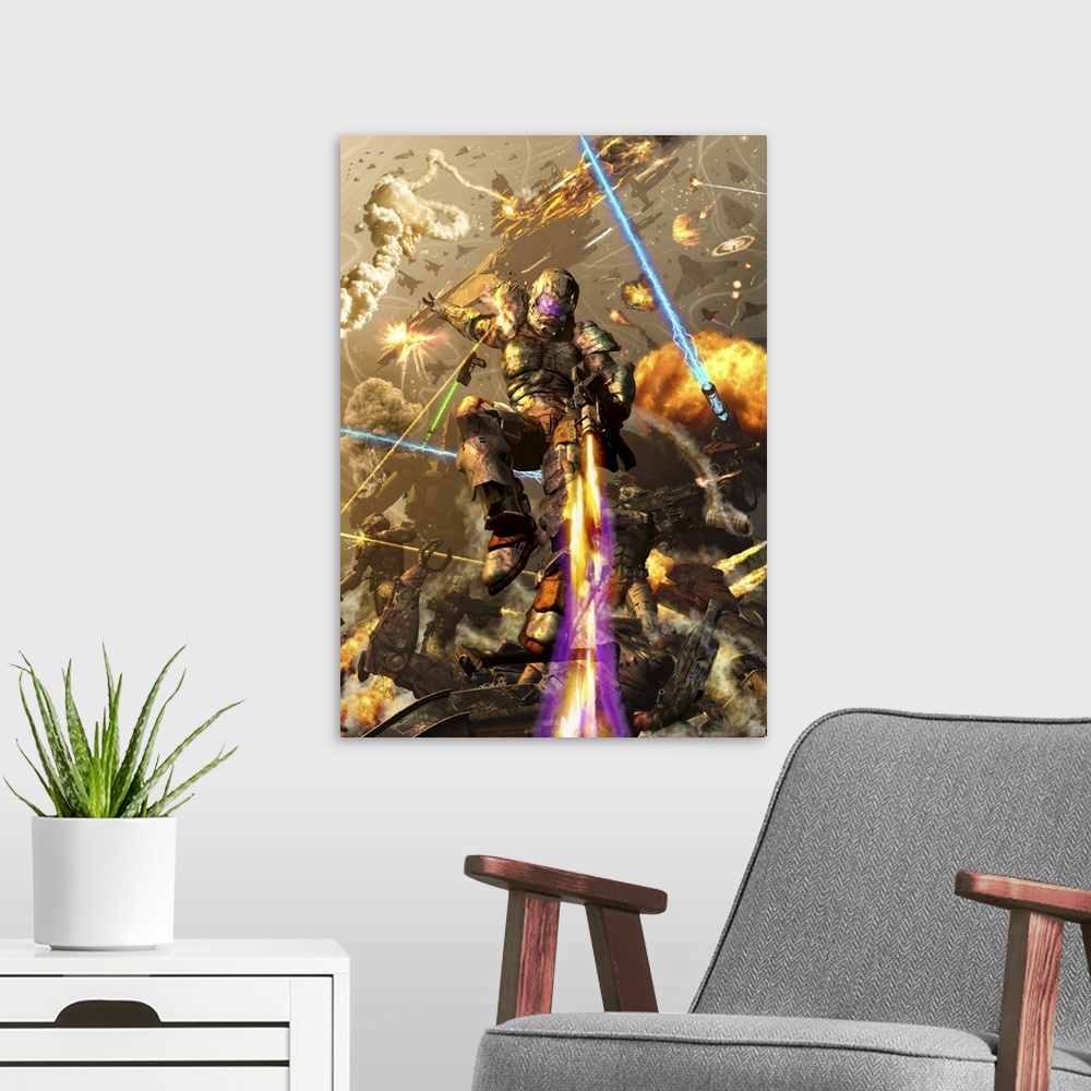 A modern room featuring Space marine fighting a chaotic battle on Mars.